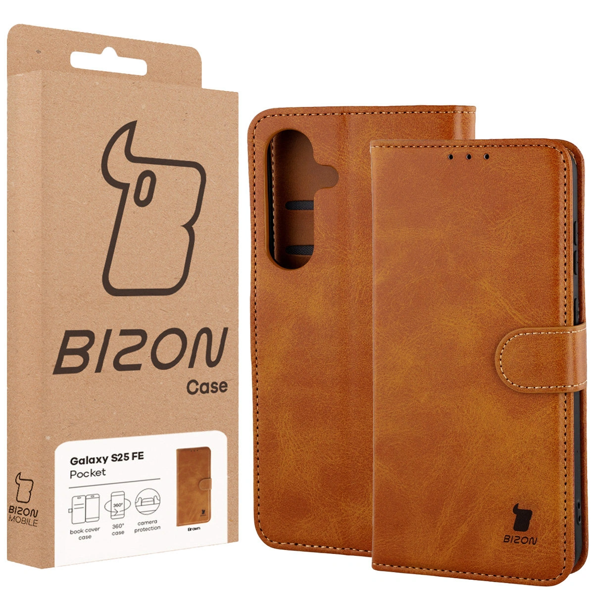 Front of the Bison Case box with dedicated label for Samsung Galaxy S25 FE