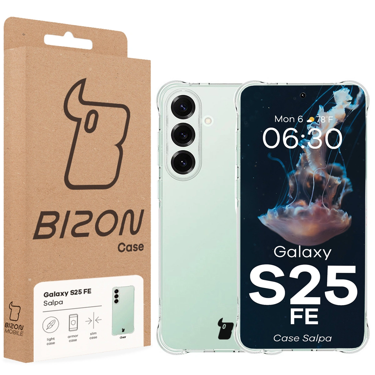 Vorderseite der Bizon Case Box mit dediziertem Etikett für Samsung Galaxy S25 FE