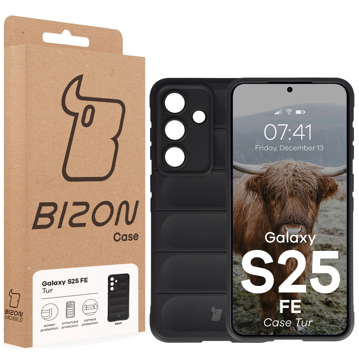 Vorderseite der Bizon Case Box mit dediziertem Etikett für Samsung Galaxy S25 FE