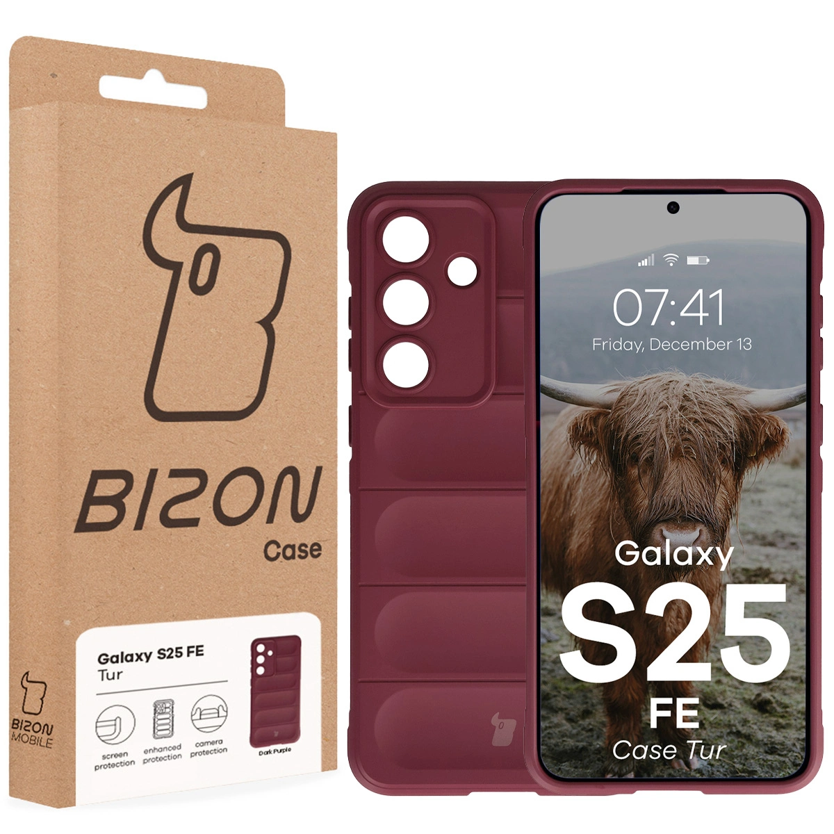 Front of the Bison Case box with a dedicated label for Samsung Galaxy S25 FE