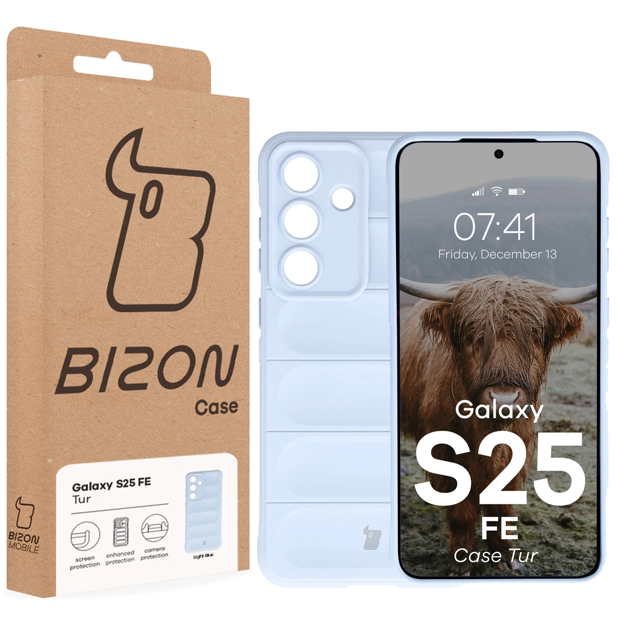 Vorderseite der Bizon Case Verpackung mit dediziertem Etikett für Samsung Galaxy S25 FE