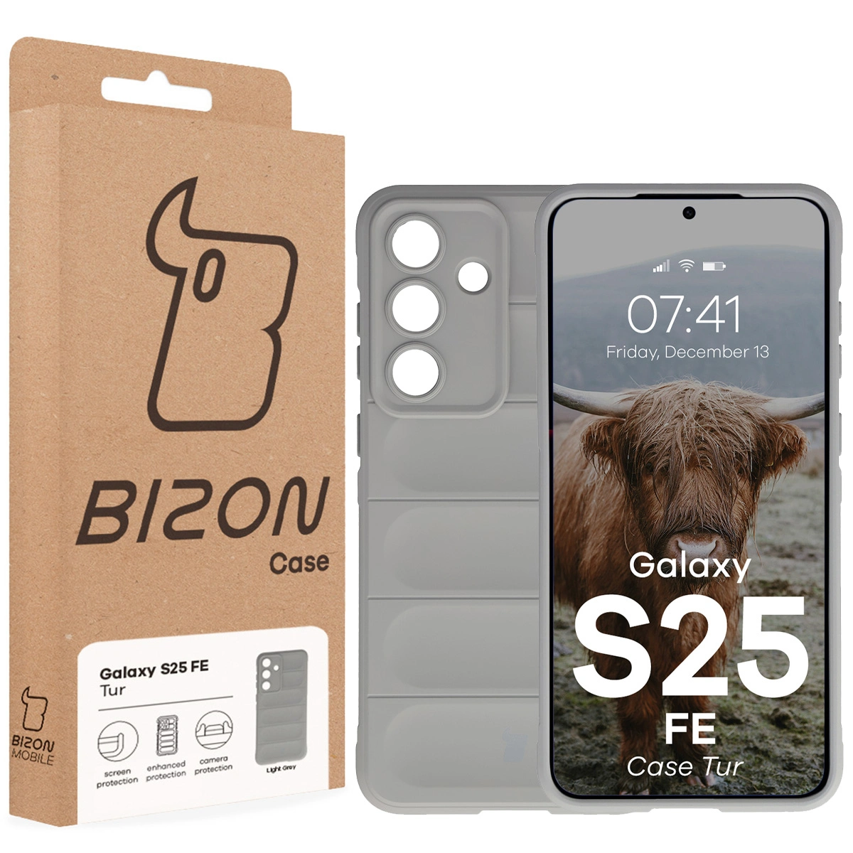 Fața cutiei Bizon Case cu eticheta dedicată pentru Samsung Galaxy S25 FE