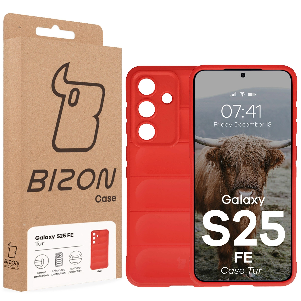 Fața cutiei Bizon Case cu eticheta dedicată pentru Samsung Galaxy S25 FE