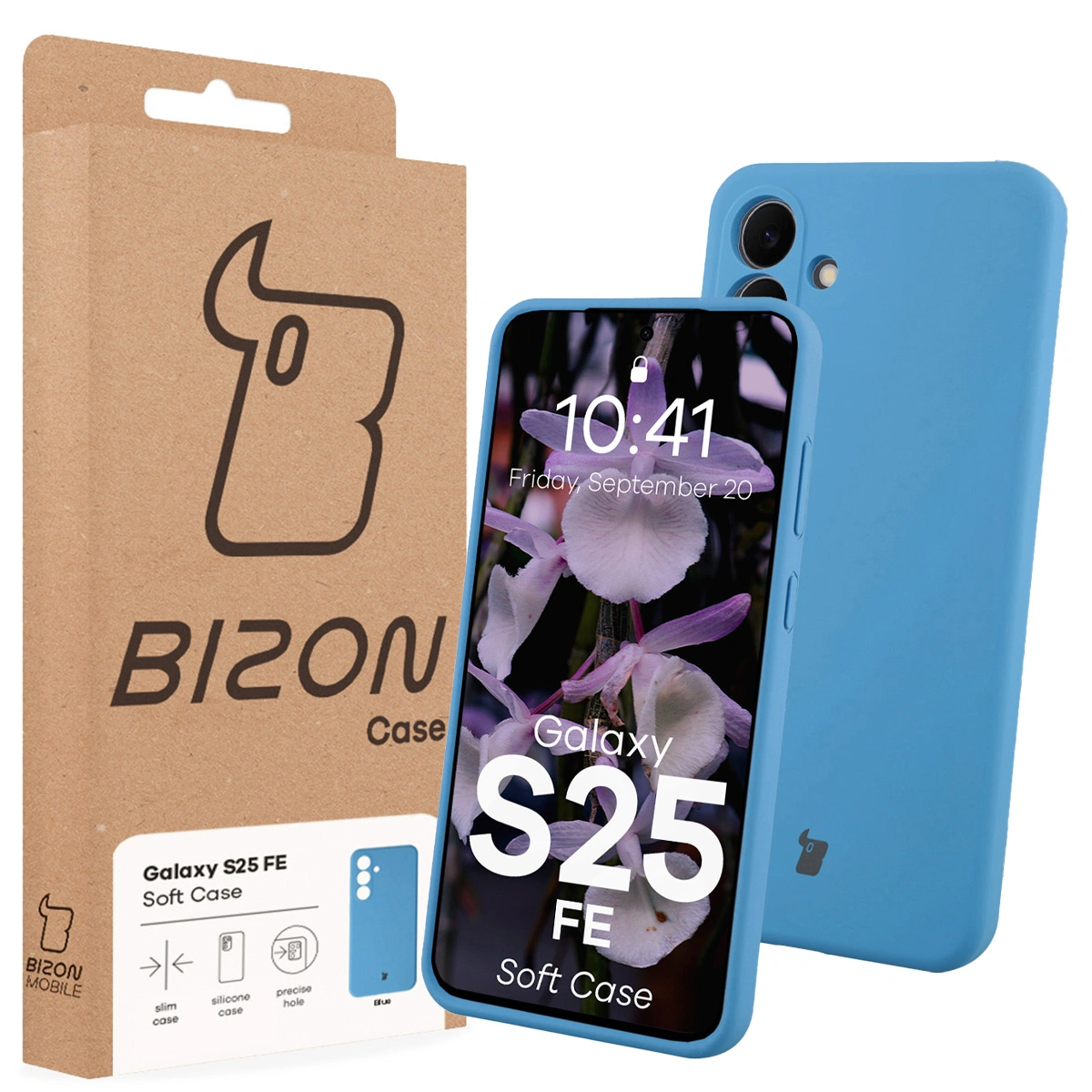 Przód pudełka Bizon Case z dedykowaną etykietą do Samsung Galaxy S25 FE