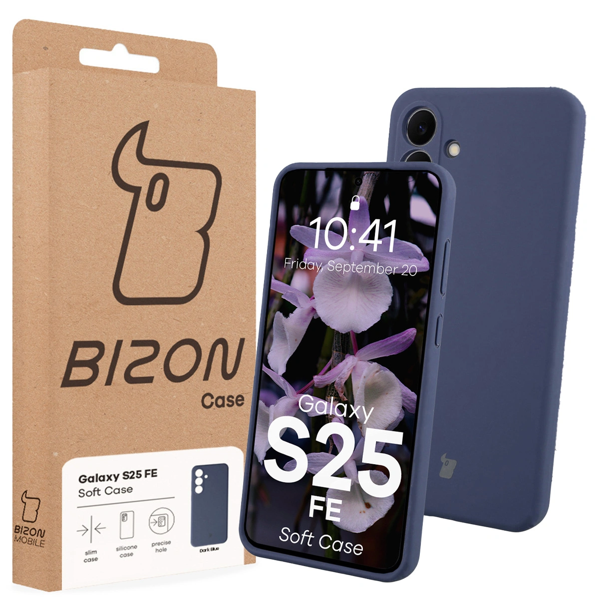 Przód pudełka Bizon Case z dedykowaną etykietą do Samsung Galaxy S25 FE