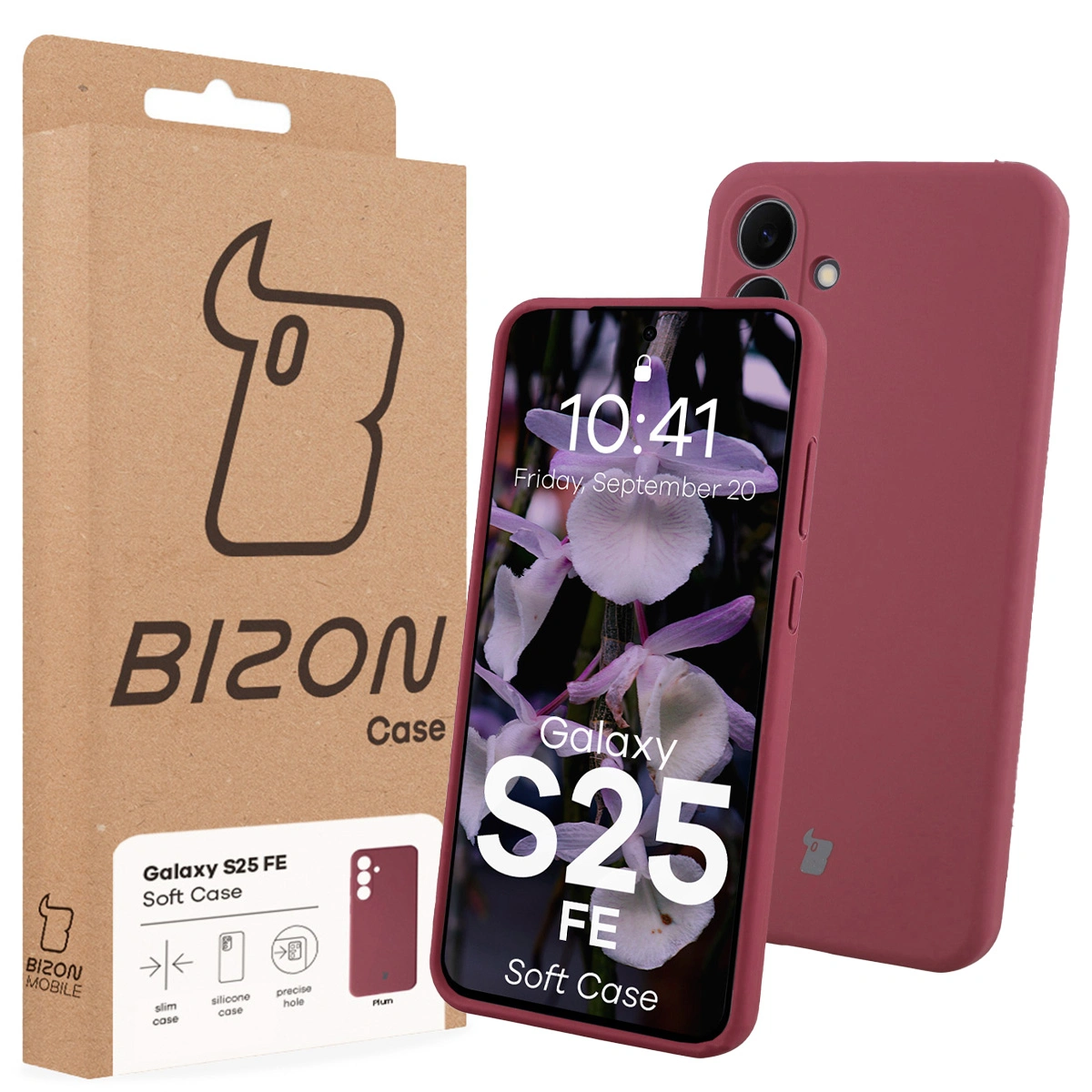 Przód pudełka Bizon Case z dedykowaną etykietą do Samsung Galaxy S25 FE