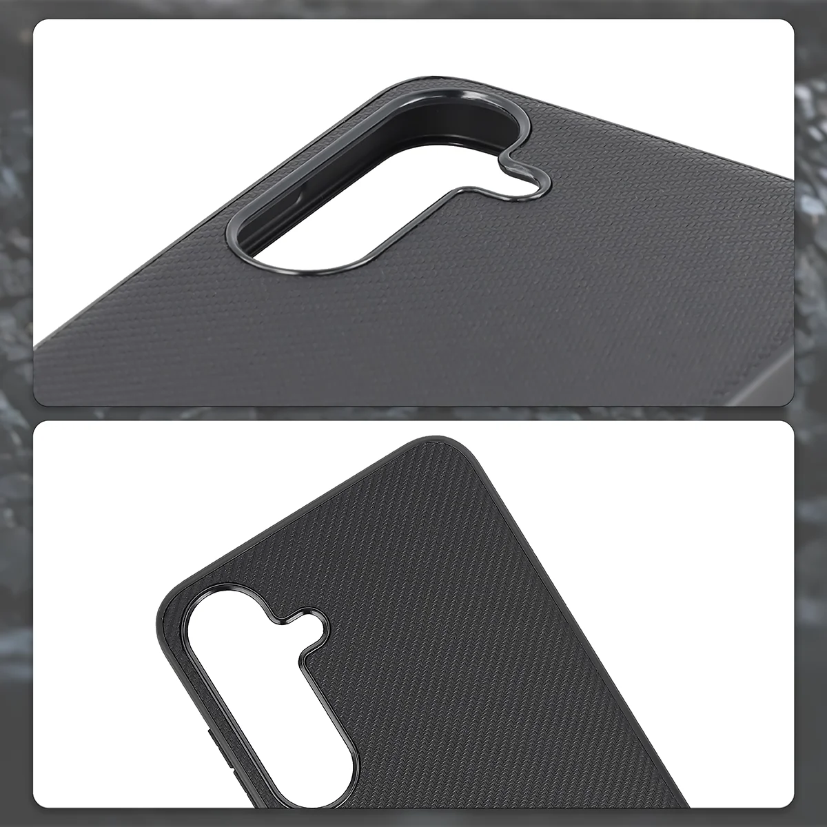 Raised camera edges and cutout for the camera in the Bizon Case CarbO for Samsung Galaxy S25 Plus