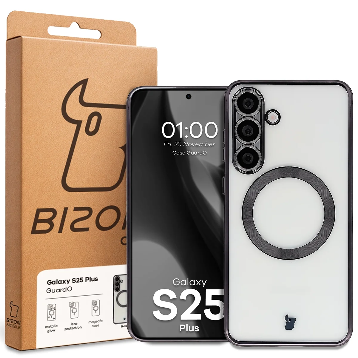 Przód pudełka Bizon Case z dedykowaną etykietą do Samsung Galaxy S25 Plus