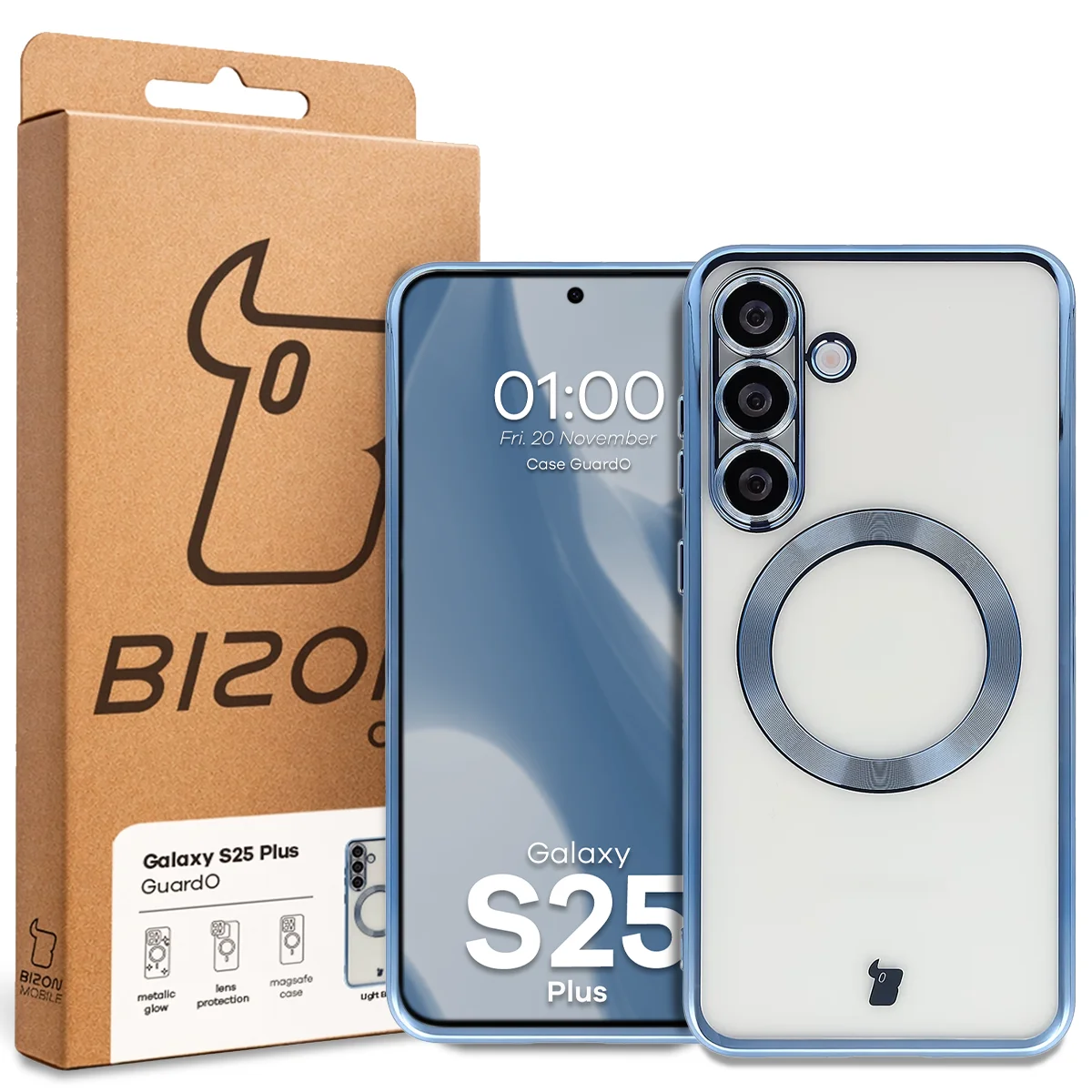 Przód pudełka Bizon Case z dedykowaną etykietą do Samsung Galaxy S25 Plus