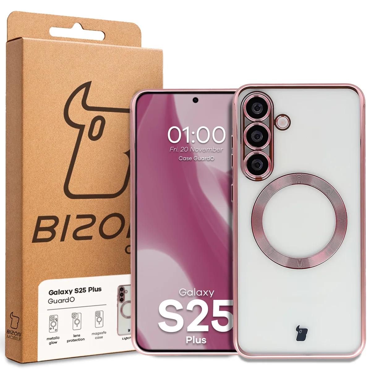 Przód pudełka Bizon Case z dedykowaną etykietą do Samsung Galaxy S25 Plus