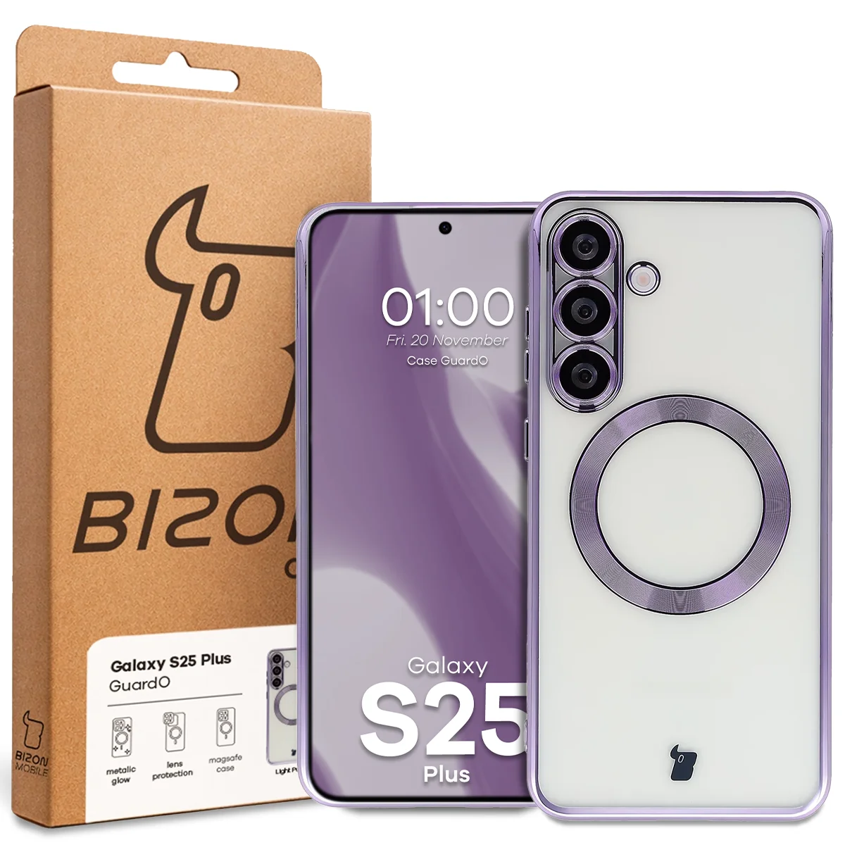 Przód pudełka Bizon Case z dedykowaną etykietą do Samsung Galaxy S25 Plus