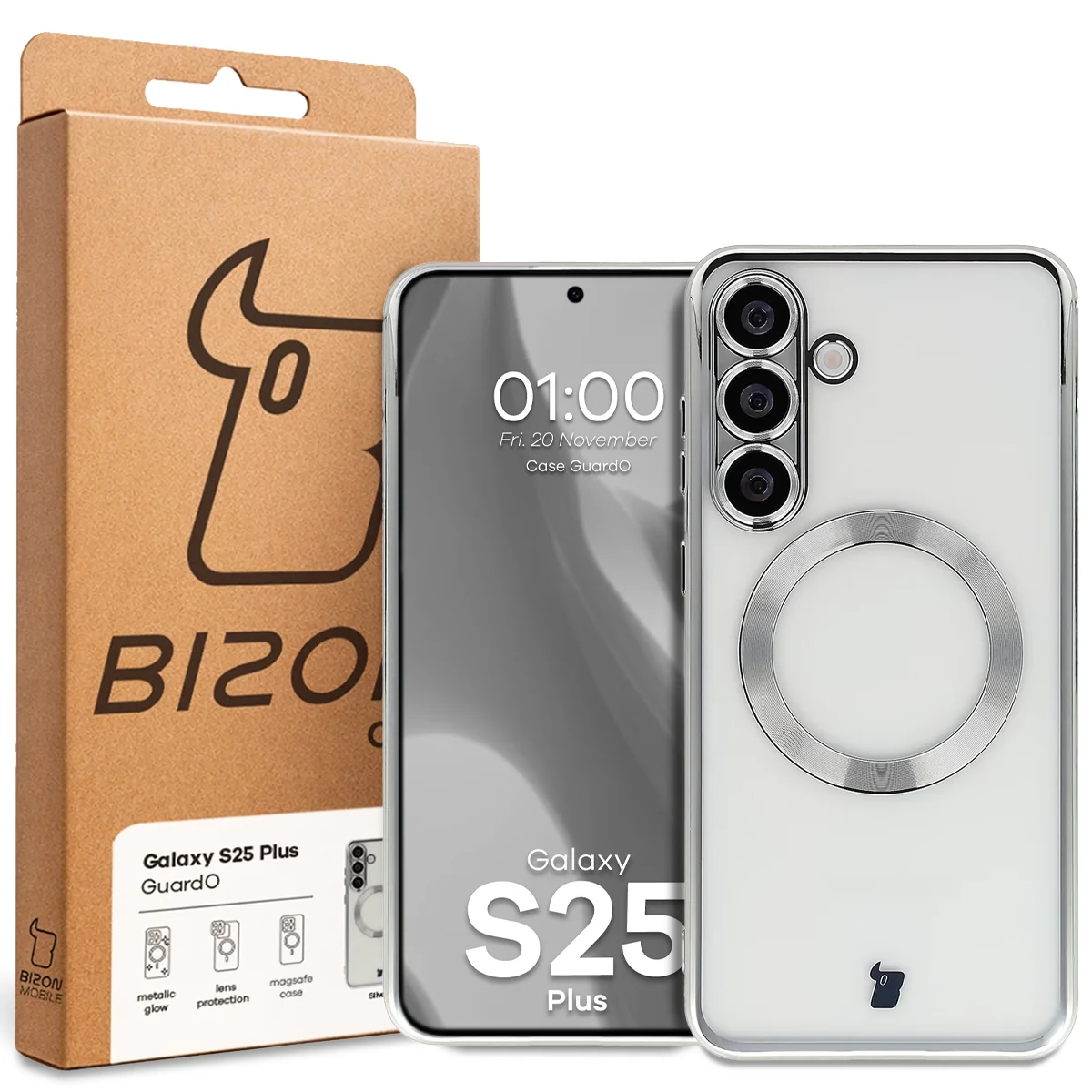 Przód pudełka Bizon Case z dedykowaną etykietą do Samsung Galaxy S25 Plus