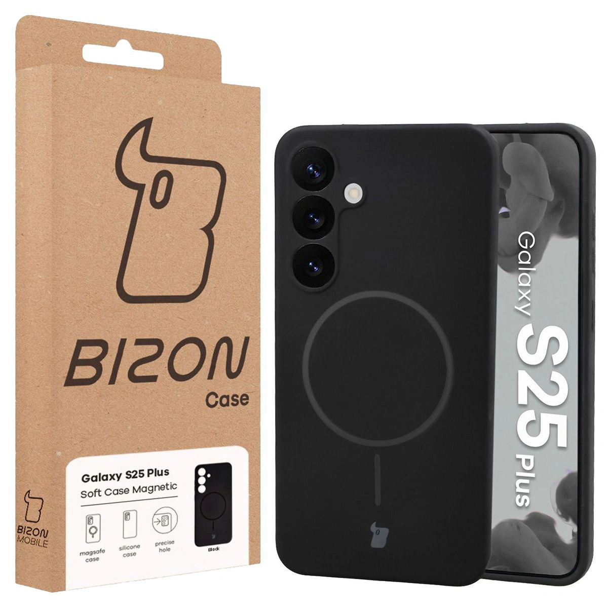 Przód pudełka Bizon Case z dedykowaną etykietą do Samsung Galaxy S25 Plus