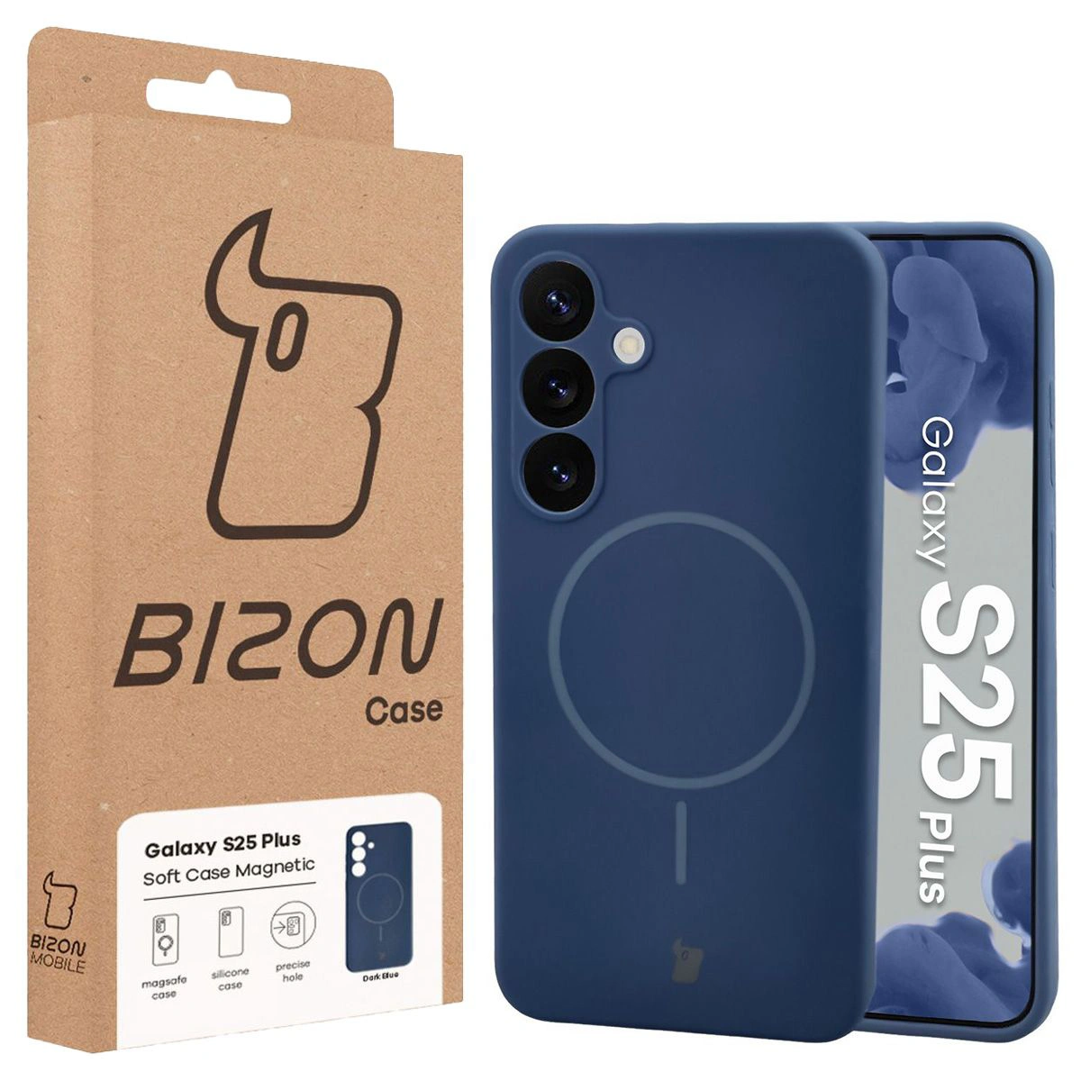 Przód pudełka Bizon Case z dedykowaną etykietą do Samsung Galaxy S25 Plus