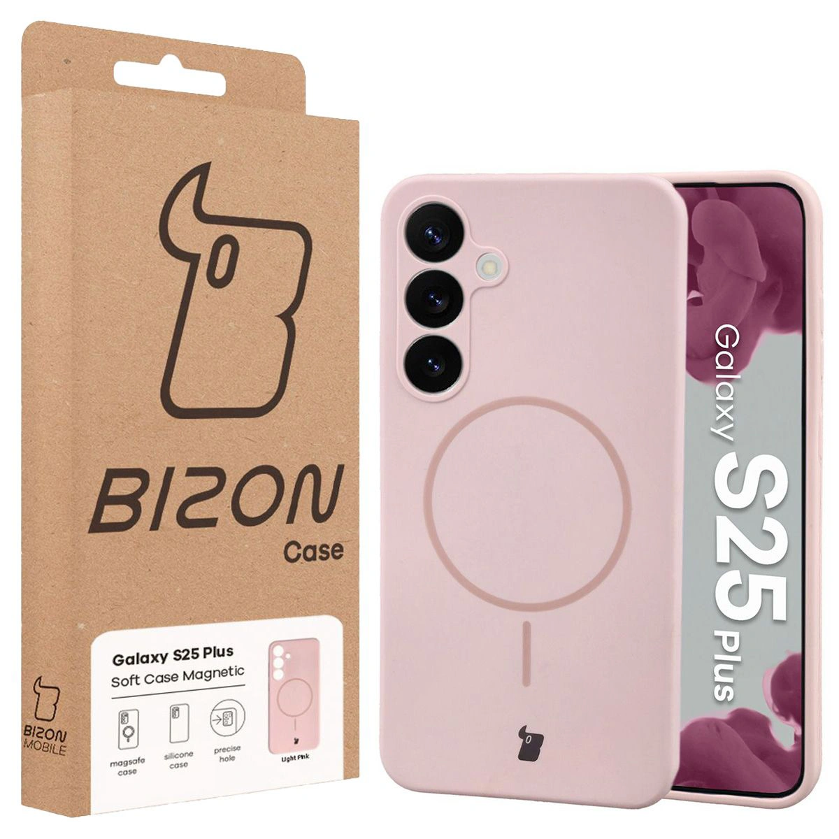 Przód pudełka Bizon Case z dedykowaną etykietą do Samsung Galaxy S25 Plus