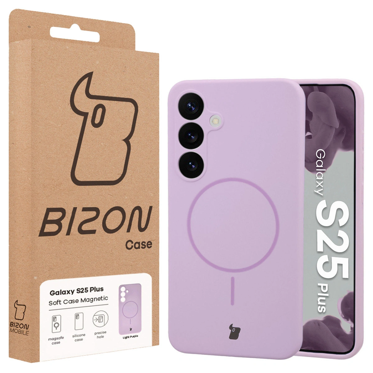 Przód pudełka Bizon Case z dedykowaną etykietą do Samsung Galaxy S25 Plus