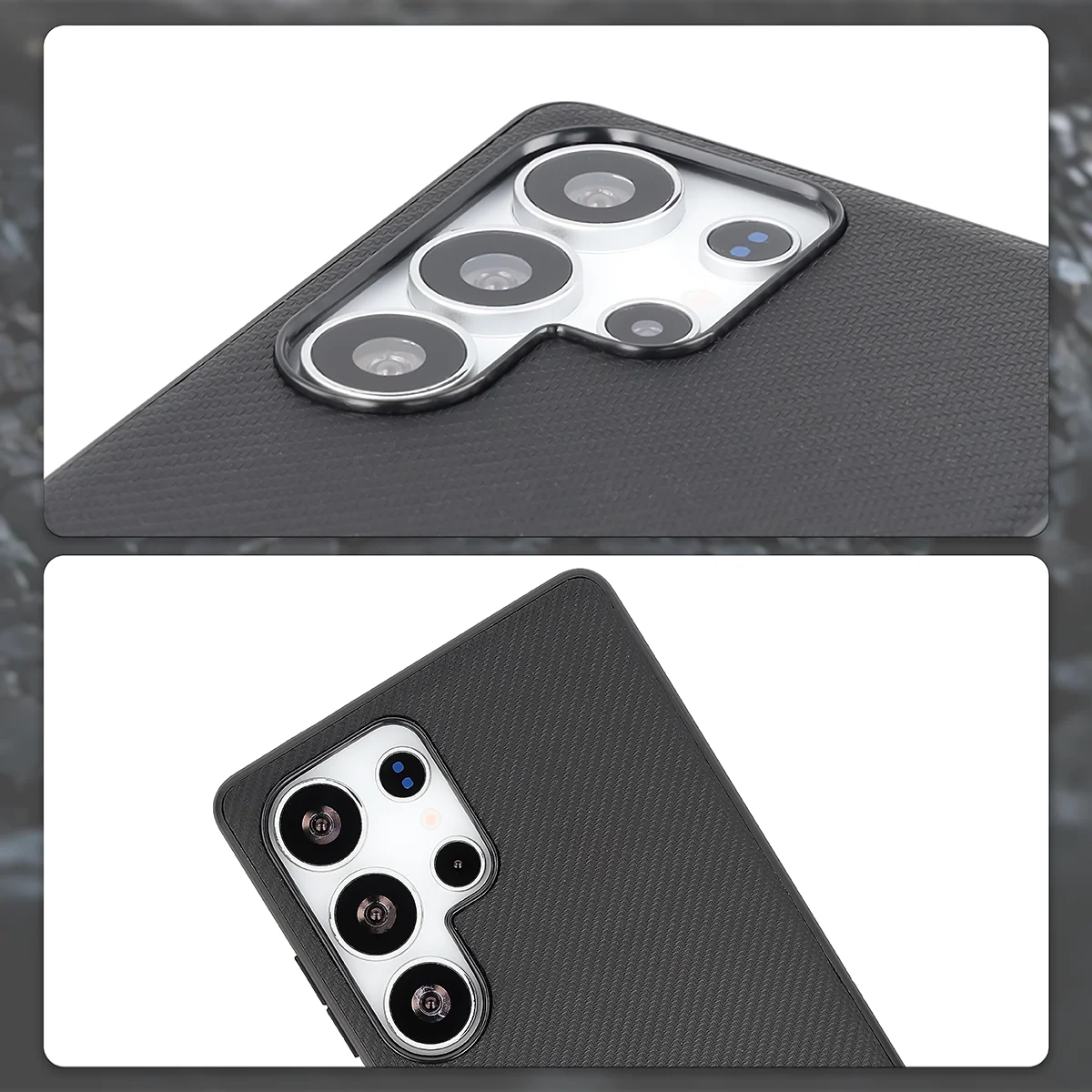 Raised camera edges and cutout for the camera in the Bizon Case CarbO for Samsung Galaxy S25 Ultra