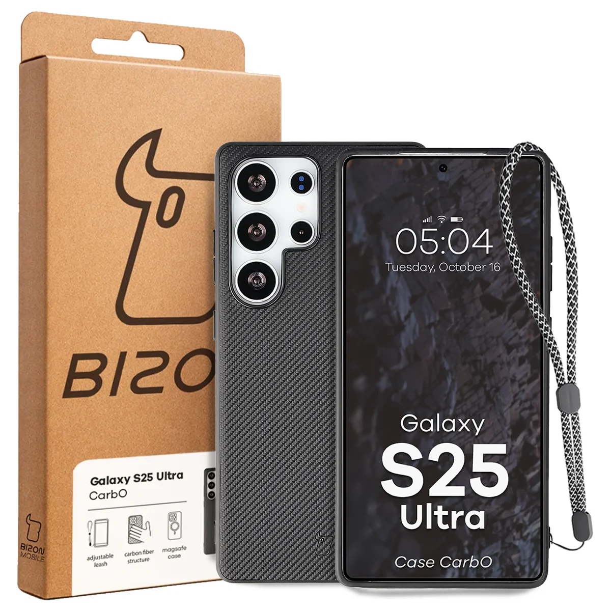 Front of the Bizon Case box with a dedicated label for Samsung Galaxy S25 Ultra