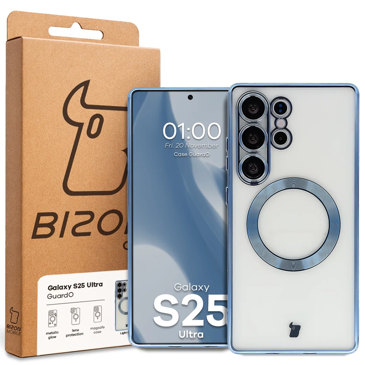Przód pudełka Bizon Case z dedykowaną etykietą do Samsung Galaxy S25 Ultra