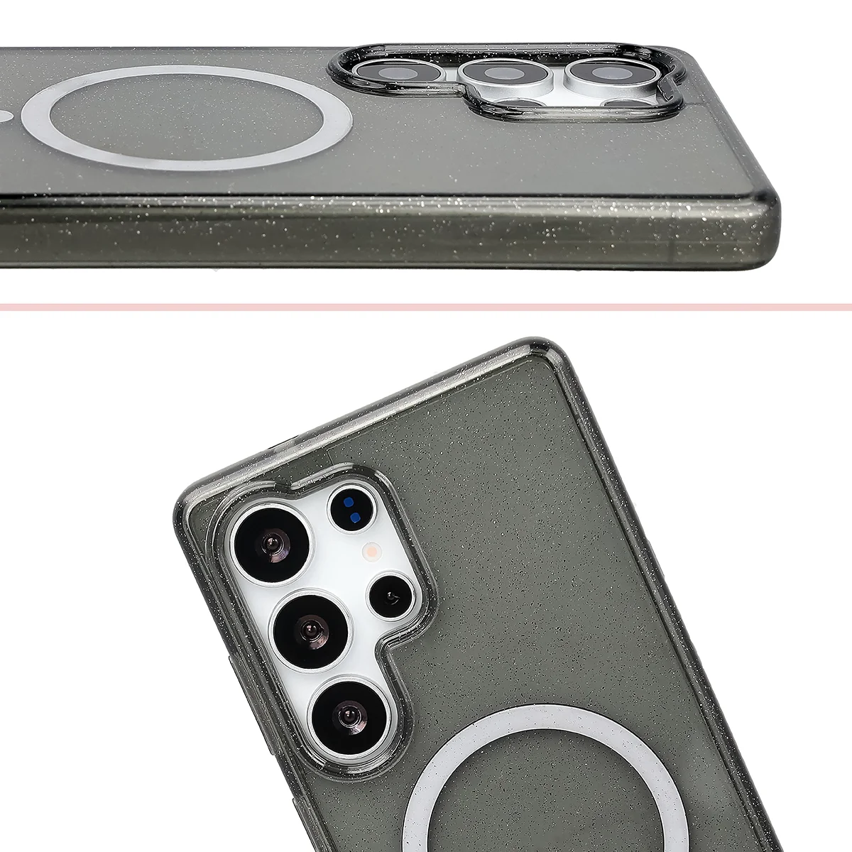 Raised edges of the camera and large cutout in Bizon Case SparklO for Samsung Galaxy S25 Ultra