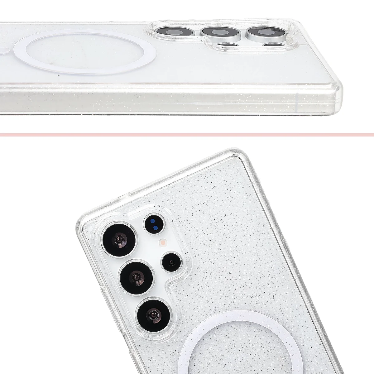 Podwyższone krawędzie aparatu i duże wycięcie w etui Bizon Case SparklO do Samsung Galaxy S25 Ultra