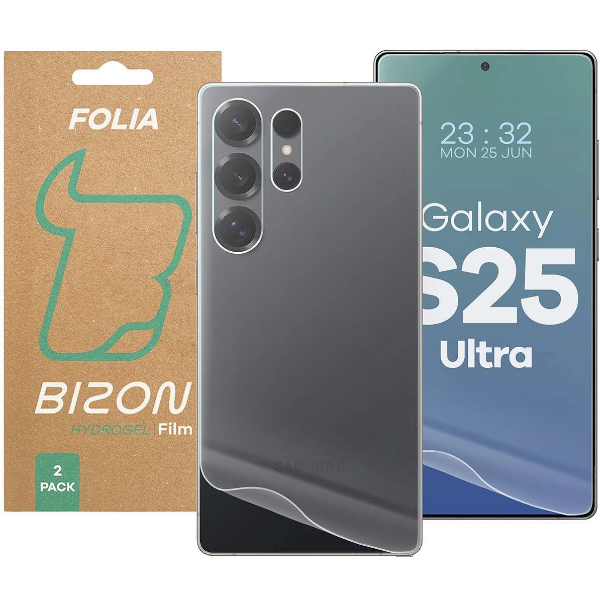 Set von Hydrogel-Folien für die Rückseite und das Display des Bizon Glass Hydrogel Back für Galaxy S25 Ultra, 2 Stück