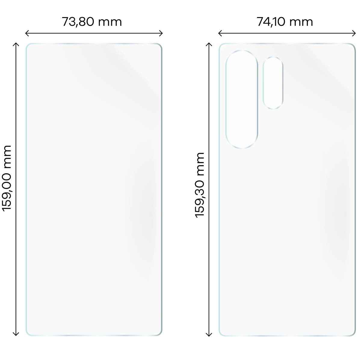 Abmessungen für die Hydrogel-Folie auf der Rückseite, kleiner sowie größerer Bildschirm des Bizon Glass Hydrogel Pack 