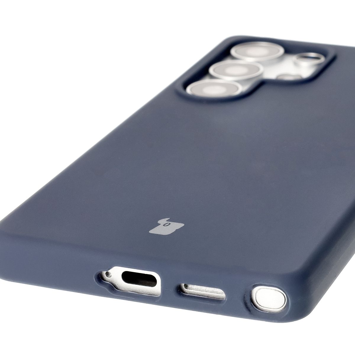 Close-up of precise cutouts and wireless charging capability in the Bison Soft Case