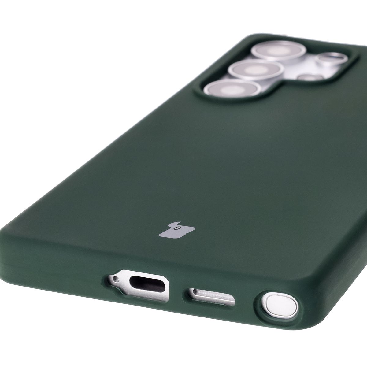 Close-up of precise cutouts and wireless charging capability in the Bison Soft Case