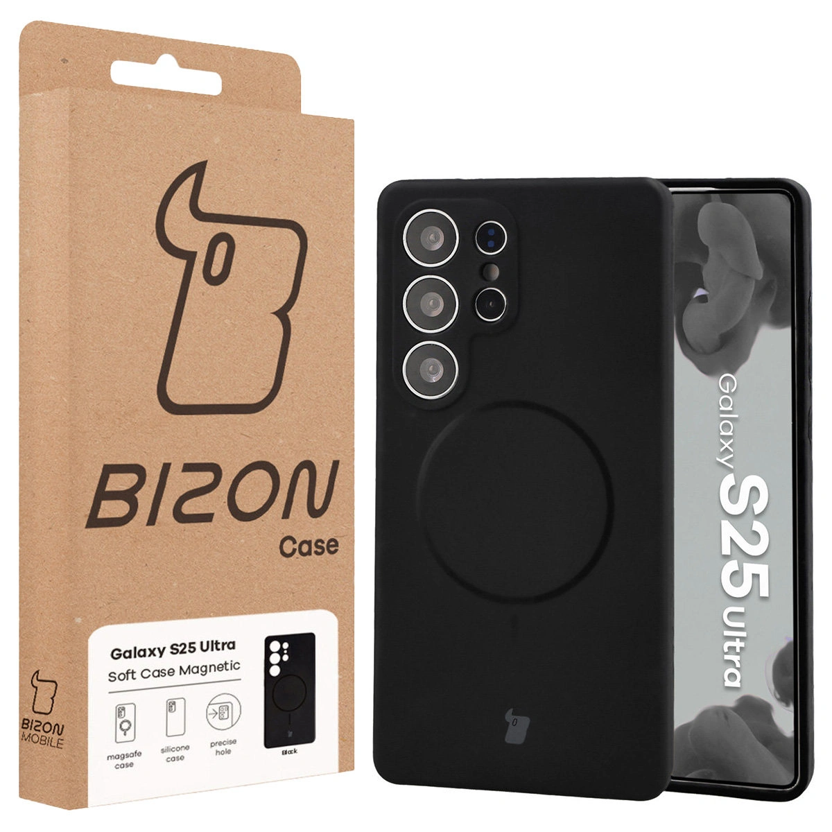 Przód pudełka Bizon Case z dedykowaną etykietą do Samsung Galaxy S25 Ultra