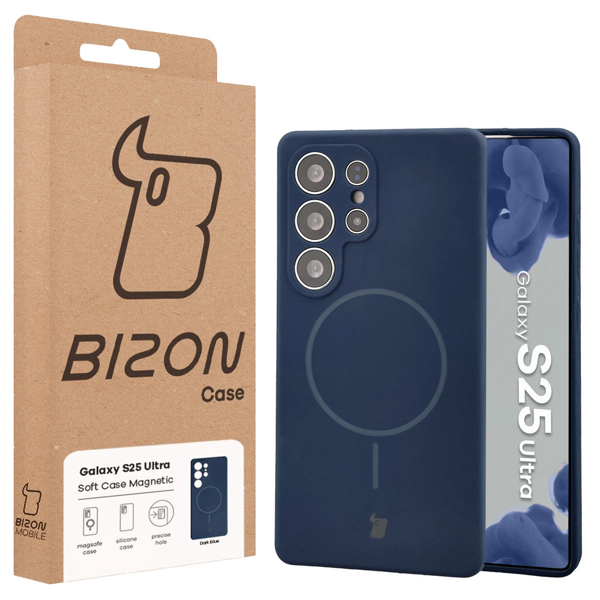 Przód pudełka Bizon Case z dedykowaną etykietą do Samsung Galaxy S25 Ultra