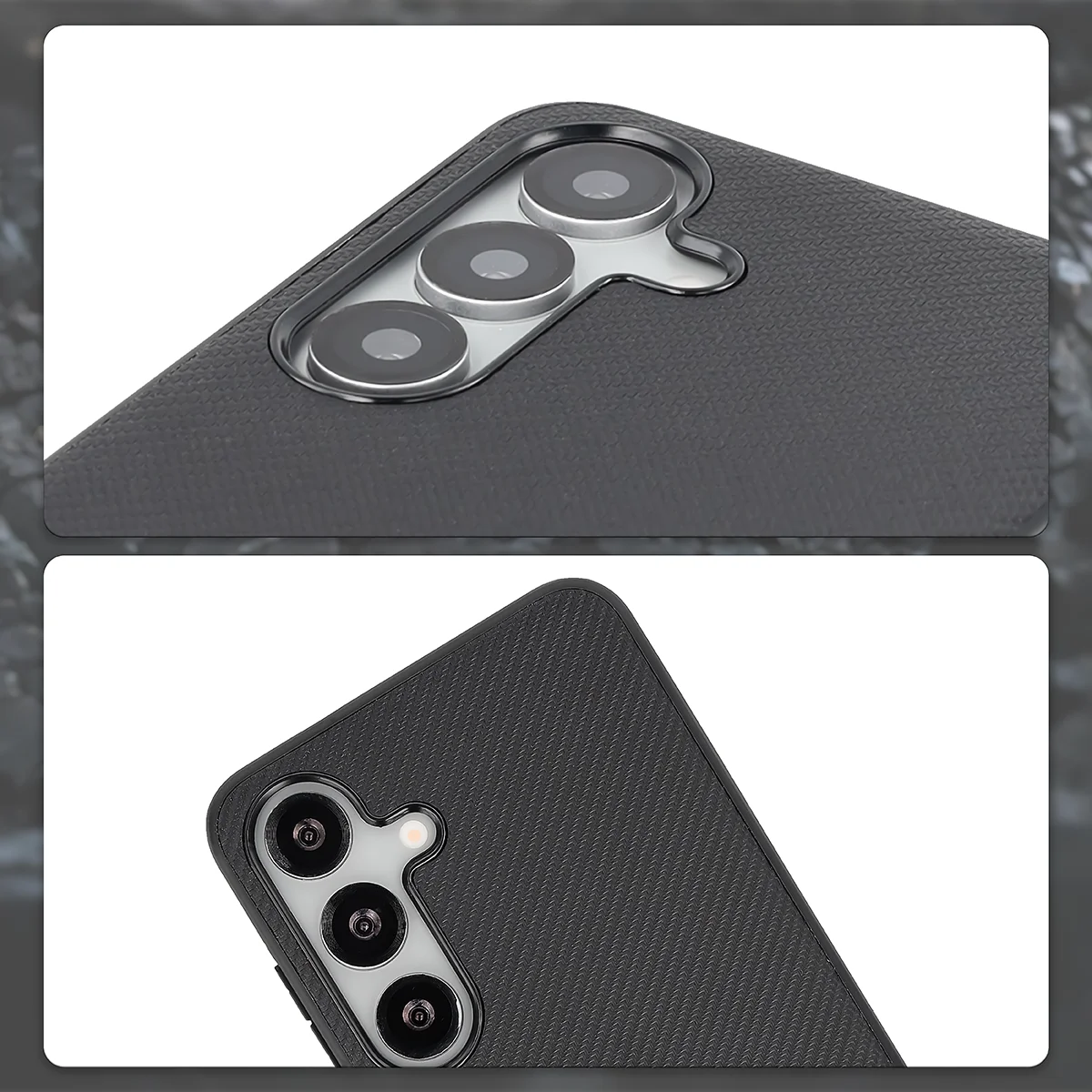 Raised camera edges and cutout for the camera in the Bizon Case CarbO for Samsung Galaxy S25