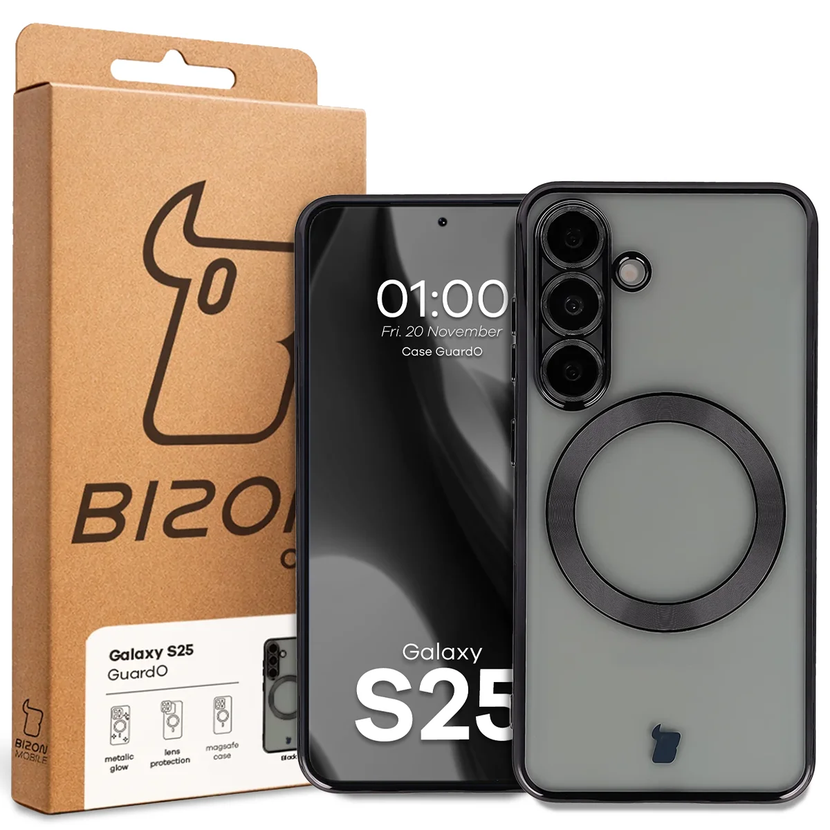 Przód pudełka Bizon Case z dedykowaną etykietą do Samsung Galaxy S25