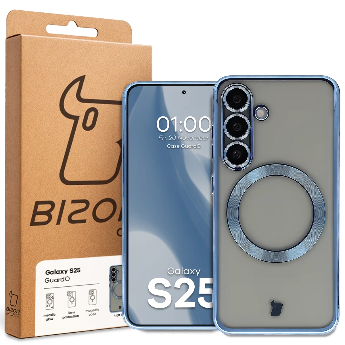 Przód pudełka Bizon Case z dedykowaną etykietą do Samsung Galaxy S25