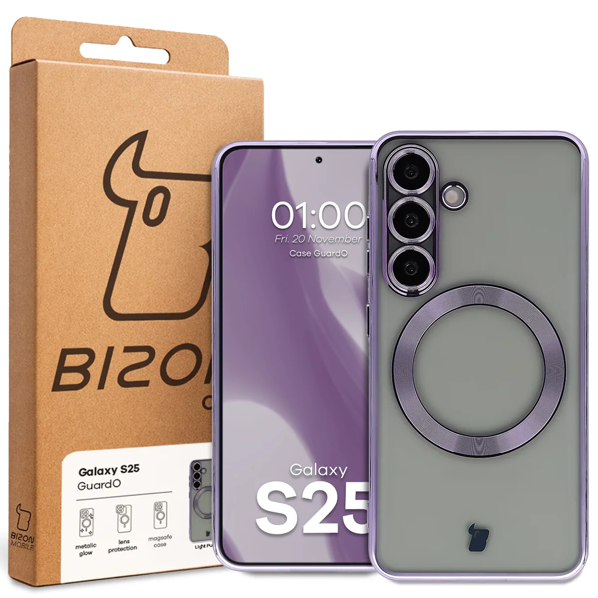 Przód pudełka Bizon Case z dedykowaną etykietą do Samsung Galaxy S25