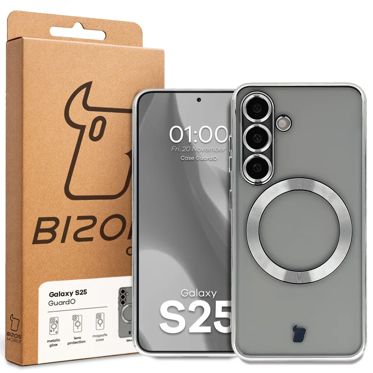 Przód pudełka Bizon Case z dedykowaną etykietą do Samsung Galaxy S25