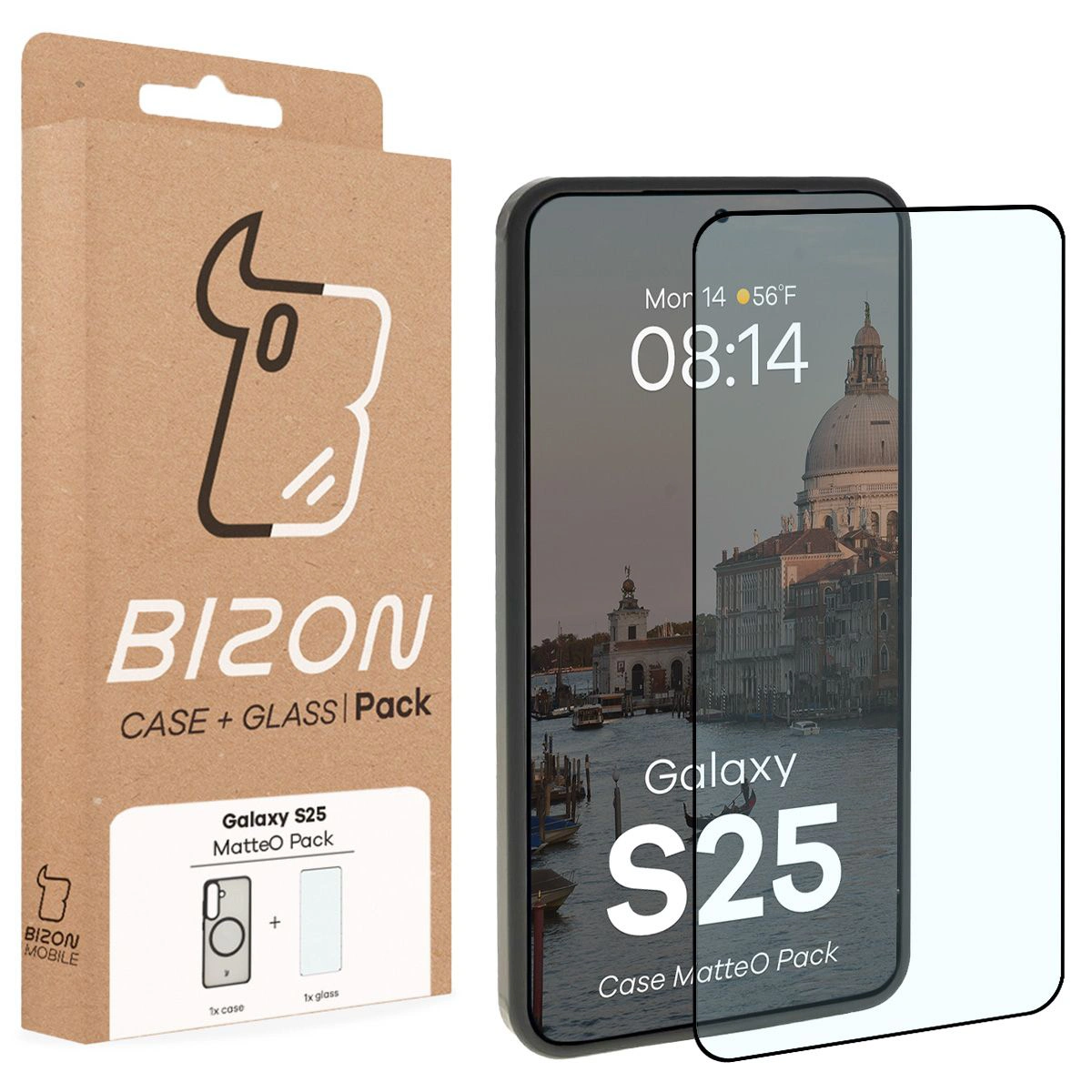 Przód pudełka Bizon Case Matteo Pack z dedykowaną etykietą do Samsung Galaxy S25