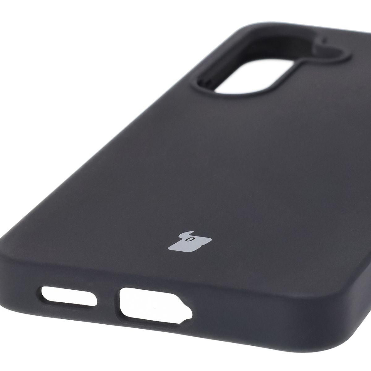 Close-up of precise cutouts and wireless charging capability in the Bison Soft Case