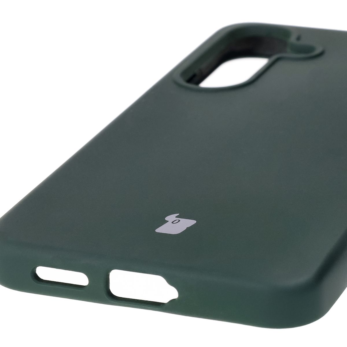Close-up of precise cutouts and wireless charging capability in Bison Soft Case