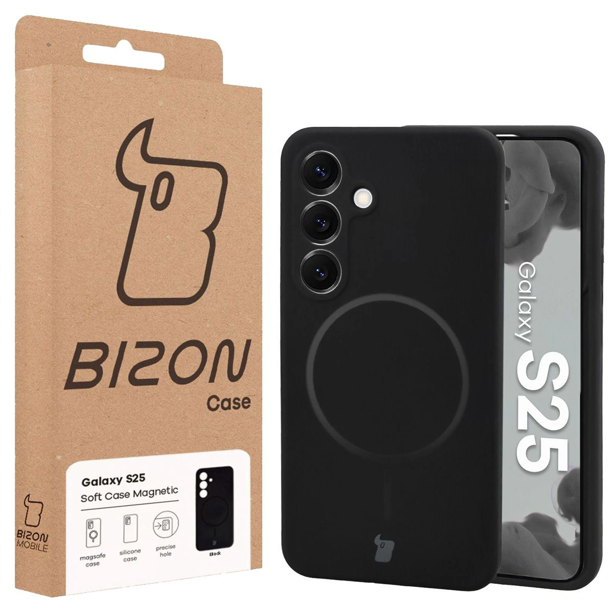 Przód pudełka Bizon Case z dedykowaną etykietą do Samsung Galaxy S25