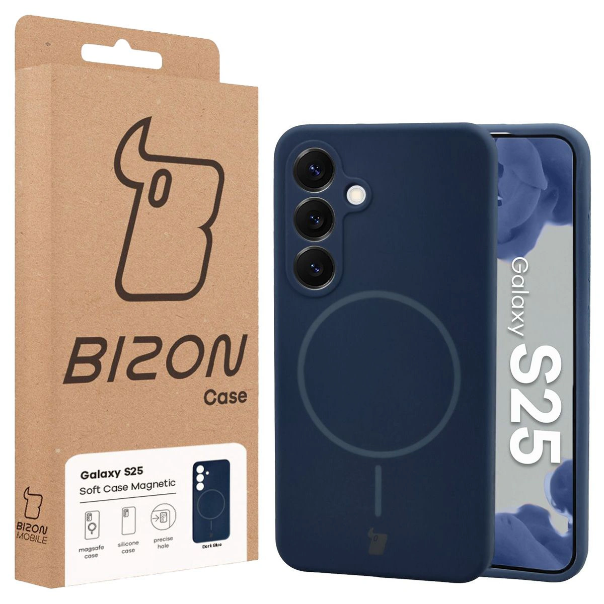 Przód pudełka Bizon Case z dedykowaną etykietą do Samsung Galaxy S25