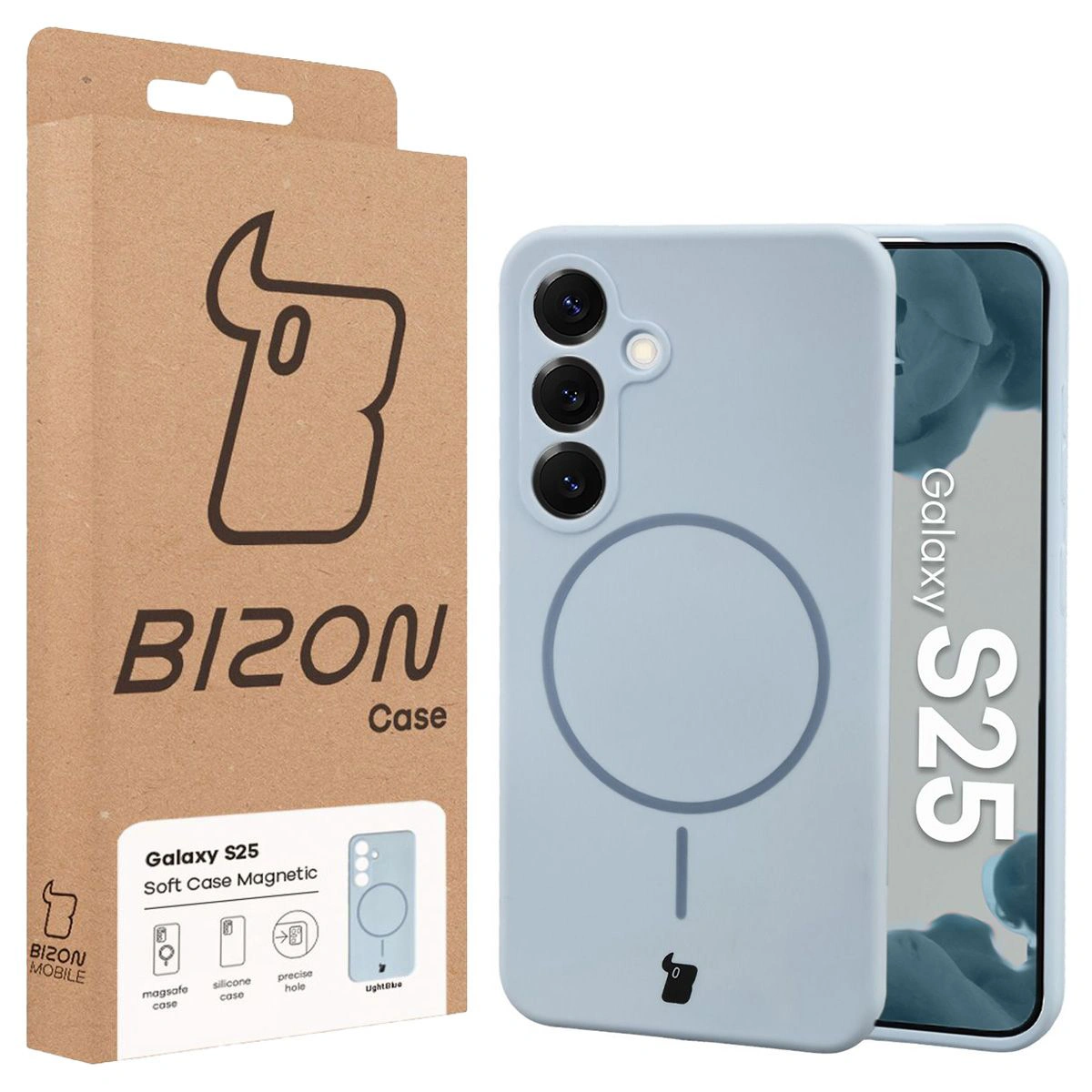 Przód pudełka Bizon Case z dedykowaną etykietą do Samsung Galaxy S25