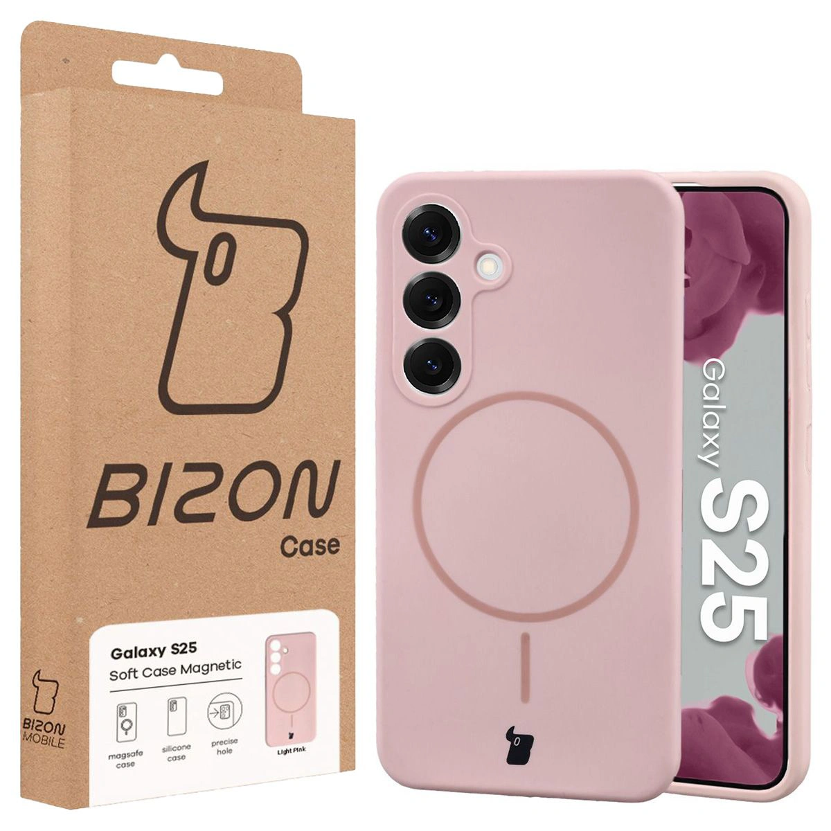 Przód pudełka Bizon Case z dedykowaną etykietą do Samsung Galaxy S25
