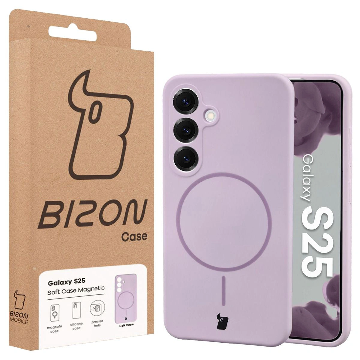 Przód pudełka Bizon Case z dedykowaną etykietą do Samsung Galaxy S25