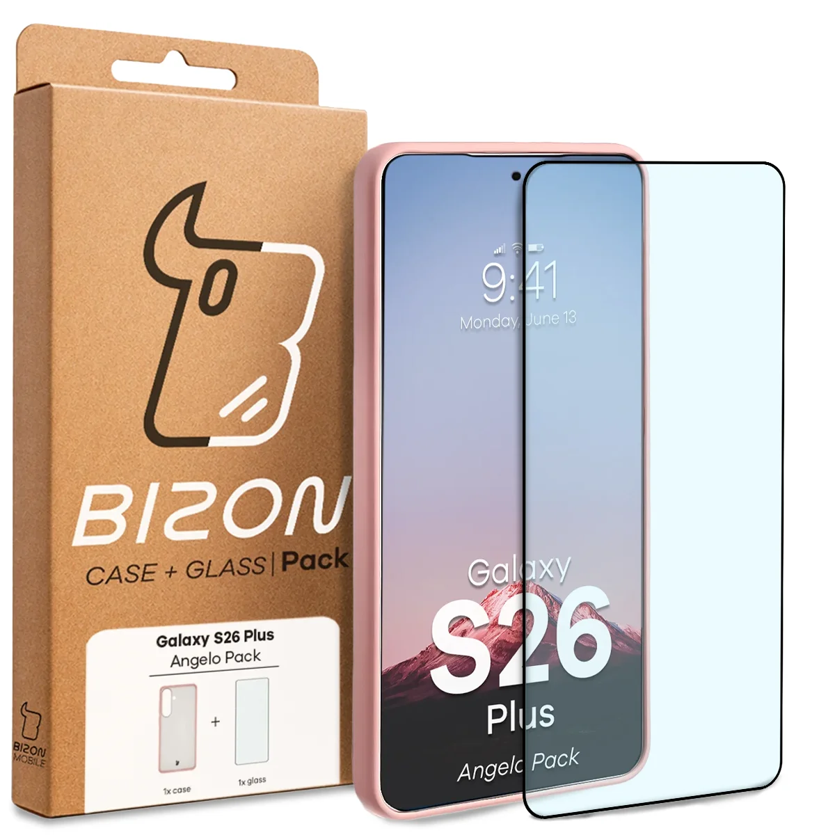 Przód pudełka Bizon Case Angelo Pack z dedykowaną etykietą do Samsung Galaxy S26 Plus