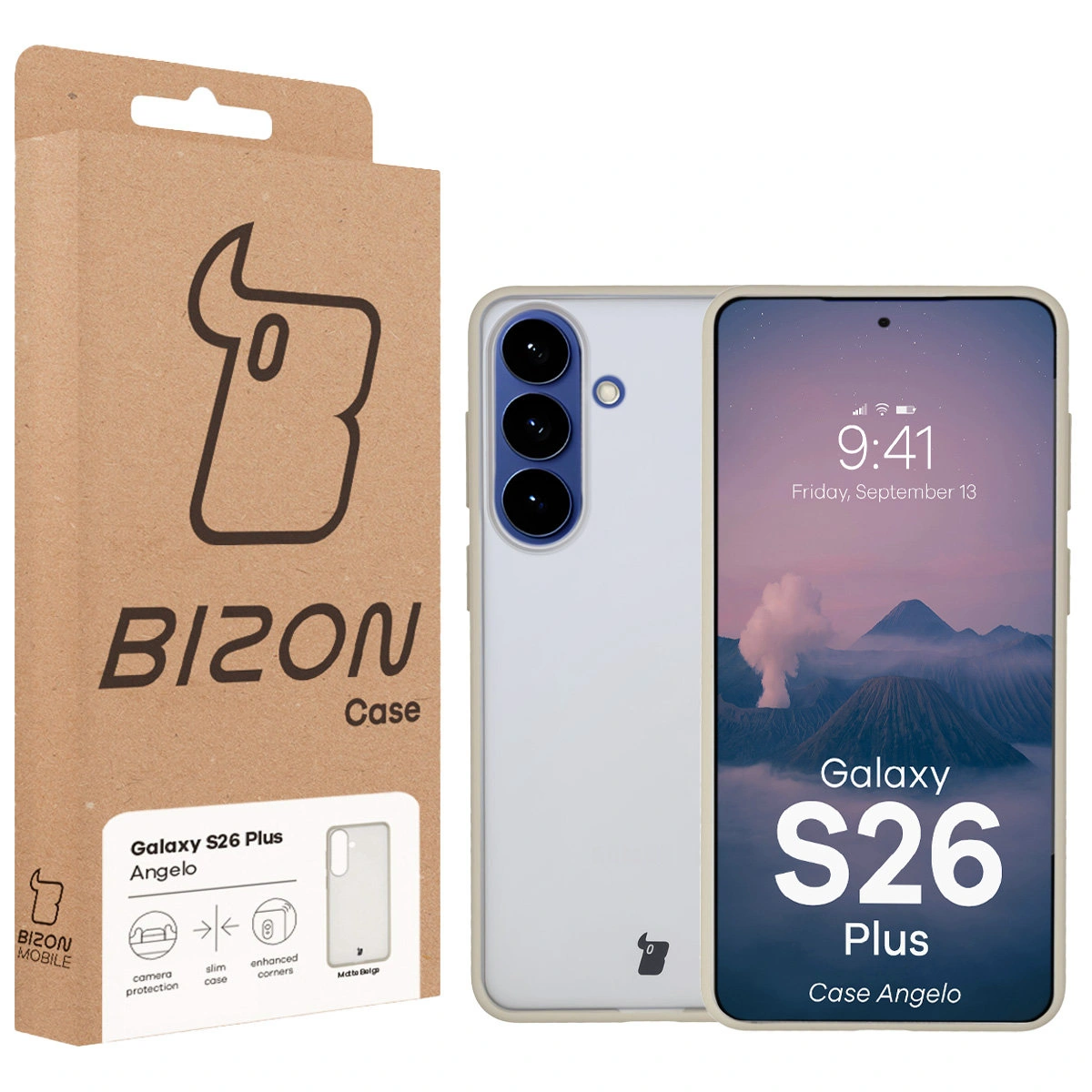 Fața cutiei Bizon Case cu eticheta dedicată pentru Samsung Galaxy S26 Plus