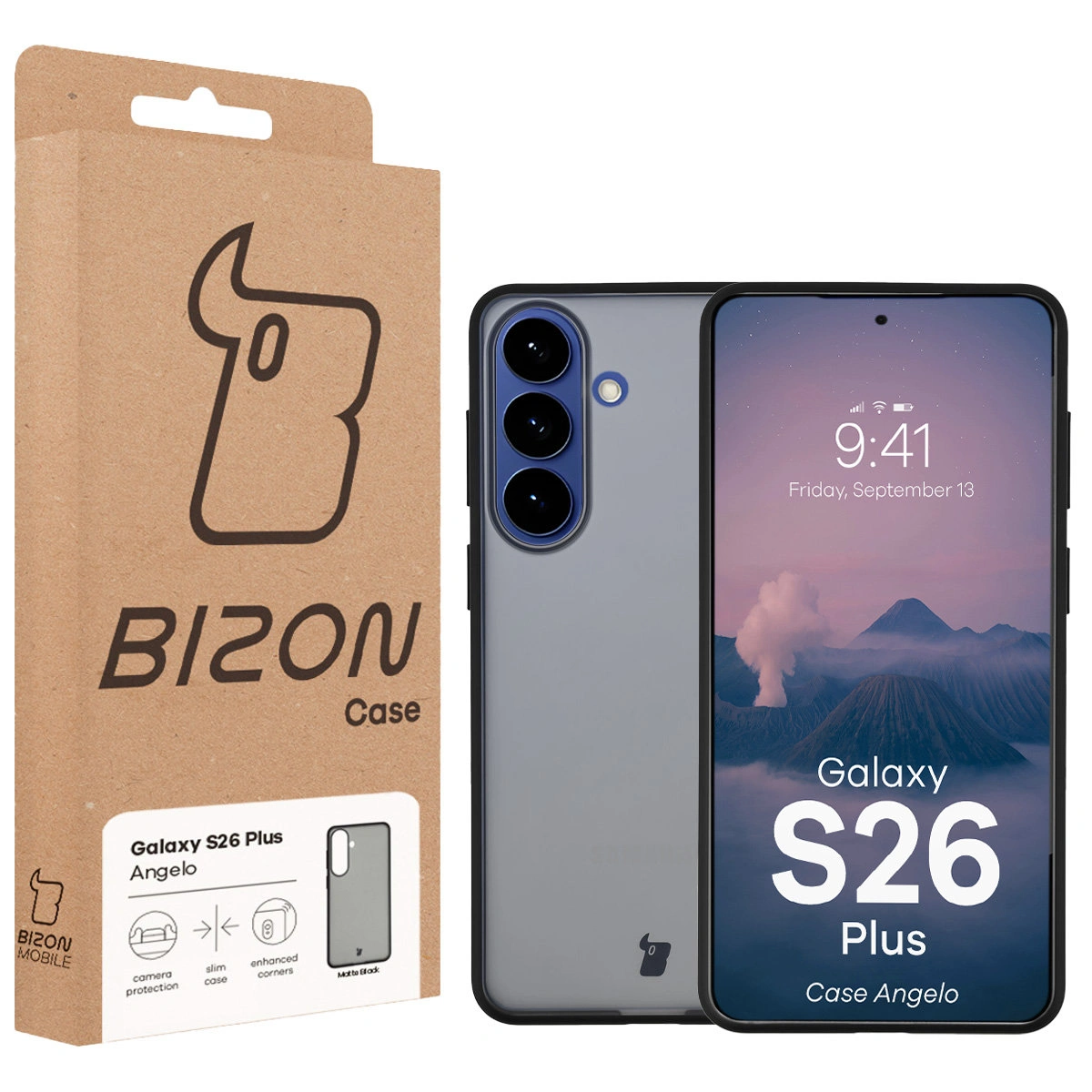 Vorderseite des Bizon Case mit einem speziellen Etikett für Samsung Galaxy S26 Plus