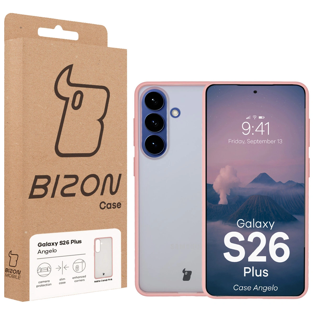Fața cutiei Bizon Case cu etichetă dedicată pentru Samsung Galaxy S26 Plus