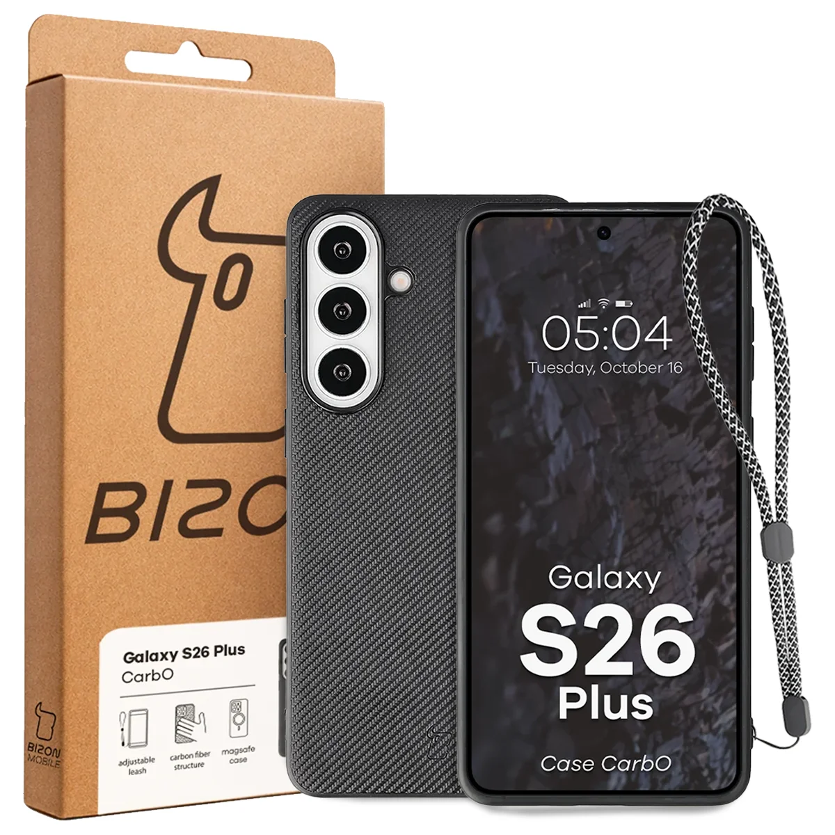 Front of the Bizon Case box with a dedicated label for Samsung Galaxy S26 Plus