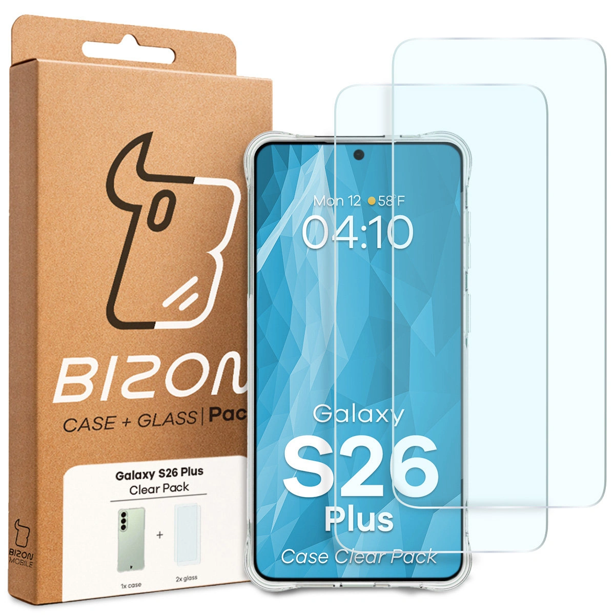 Front of the Bison Case+Glass box with a dedicated label for Samsung Galaxy S26 Plus